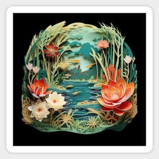 Plants and flowers in a pond made of paper 3d illusion Sticker